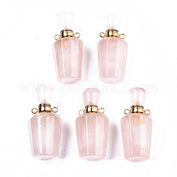 Faceted Natural Rose Quartz Pendants, Openable Perfume Bottle, with Golden Tone Brass Findings, Bottle, 36x15.5x15mm, Hole: 1.8mm, Bottle Capacity: 1ml(0.034 fl. oz)
