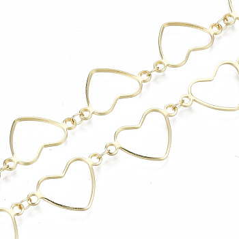 Brass Chains, Heart Link Chains, Long-Lasting Plated, Soldered, Light Gold, Heart: 20x12x1mm, Link: 3.5x3x0.4mm