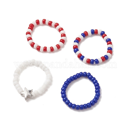4Pcs 4 Style Independence Day Glass Seed Stretch Finger Rings Set with Brass Star Beaded for Women RJEW-TA00065-1