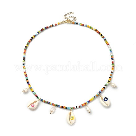 Collar de babero de perlas y mal de ojo de concha natural con cadenas de cuentas de semillas de vidrio NJEW-TA00104-1
