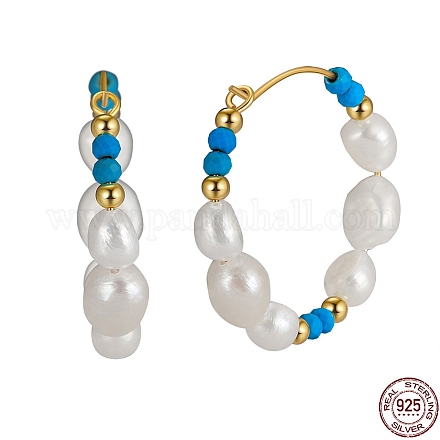 Orecchini a cerchio con perline di turchese naturale tinto e perle EJEW-G369-01G-1