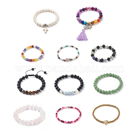 Bracelet extensible en perles rondes avec pierres précieuses pour femme BJEW-JB08641-02-1