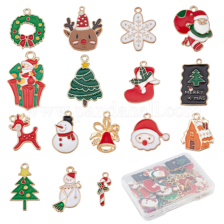 SUNNYCLUE 1 Box 32 Pcs 16 Style Enamel Christmas Charms Christmas Tree Charms Bulk Reindeer Charms for Jewelry Making Candy Cane Christmas Glove Hat Socks Wreath Snowflake Mini House Gift Box Decor FIND-SC0002-64-1