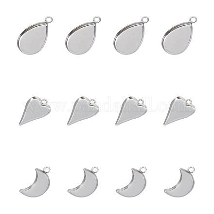 UNICRAFTALE about 120pcs Drop/Heart/Moon Blank Pendant Trays Stainless Steel Blank Bezel Hypoallergenic Tray Base Pendant Cabochon Settings for Jewelry Making DIY Findings Stainless Steel Color STAS-UN0010-01-1
