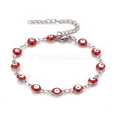 Enamel Oval with Evil Eye Link Chains Bracelet BJEW-P271-04P-01-1