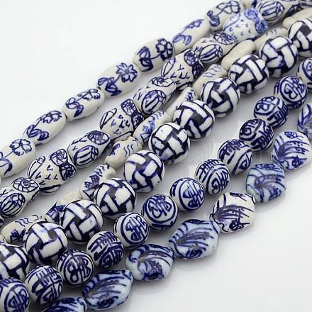 Mezcla de estilos de cerámica hecha a mano cuentas de porcelana azul y blanca hebras PORC-L018-03-1
