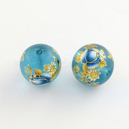 Flower Picture Frosted Glass Round Beads GFB-R004-14mm-F16-1