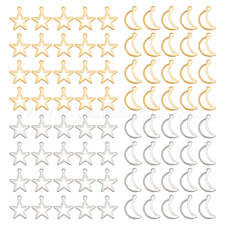 UNICRAFTALE ABOUT 80pcs 2 Colors Hollow Star and Moon Charms Stainless Steel Charms Small Hole Pendant Metal Pendants Flat Smooth Charm for DIY Dangle Jewelry Making STAS-UN0004-40-1