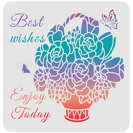FINGERINSPIRE Enjoy Today Basket of Flowers Stencil Template 30x30cm Reusable Best Wishes Drawing Stencils Plant Decoration Stencils for Painting on Wood DIY-WH0172-471-1