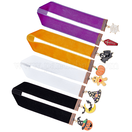 FINGERINSPIRE 4 Colors Velvet Ribbon Bookmark (300~314mm) Vintage Metal Charm Bookmark with Pumpkin/Witch Hat/Ghost Pendant Halloween Theme Velvet Bookmarks for Students Women Men Book Lovers AJEW-CA0003-56-1