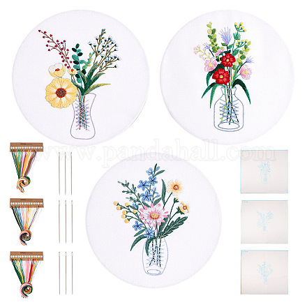3 個 3 スタイルの花瓶 & 花柄 DIY ディスプレイ装飾刺繍初心者キット  刺繍フープ、針、糸を含む  プリントコットン生地  指示シート  花  300x290mm  1個/スタイル DIY-TA0006-16-1