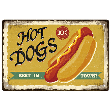 SUPERDANT Hot Dogs Best in Town Tin Sign Fast Food Tin Sign Vintage Metal Signs Tin Funny Wall Art Painting Iron Decor for Fast Food Festaurant Outdoor Wooden fence decoration AJEW-WH0189-066-1