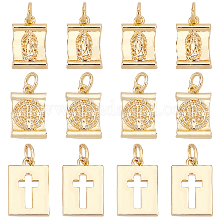 Benecreat 12pcs3スタイル真鍮チャーム  丸カン付き  ニッケルフリー  十字架と聖母マリアと十字架と聖ベネディクトの長方形  18KGP本金メッキ  15.5x10.5x2mm  穴：3mm KK-BC0001-90G-1