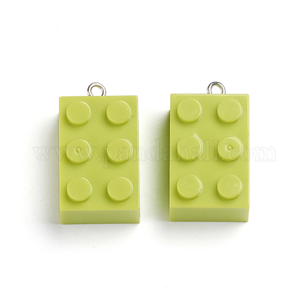 プラスチックチャーム  鉄ループ付き  ビルディングブロックチャーム  長方形  緑黄  28~28.5x14.5~15.5x11.5mm  穴：2mm KY-WH0020-51L-1