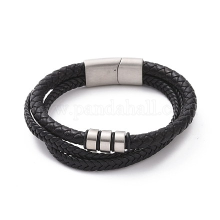 Black Microfiber Braided Cord Triple-strand Bracelet with 304 Stainless Steel Magnetic Clasps BJEW-P275-23P-1