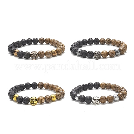 Ensembles de bracelets extensibles en bois de wengé naturel et pierre de lave avec perles d'hématite synthétiques BJEW-JB09213-1
