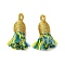 Cotton Tassel Pendants, with Polyester, Green, 32~37x11~12mm, Hole: 2x4.5mm