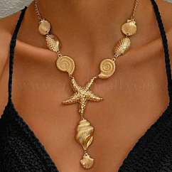 Collier pendentif en forme d'étoile de mer en forme de conque de fer océanique pour les vacances, la plage, les voyages, bijoux, or, 17.72 pouce (45 cm)