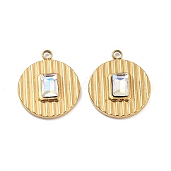 Placcatura ionica (ip) pendente in acciaio inossidabile 304, con strass, rotondo e piatto, vero placcato oro 18k, 19x16x4mm, Foro: 1.8 mm