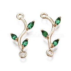 Messing Micro Pave Zirkonia Verbinder Steckverbinder, Licht Gold, langlebig plattiert, cadmiumfrei und bleifrei, Zweig, grün, 20~21x8.5x3 mm, Bohrung: 1.5 mm
