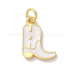 Ciondoli smaltati in ottone placcato a cremagliera, con anello di salto, placcato di lunga durata, piombo & cadimo libero, vero placcato oro 18k, ciondolo stivale da cowboy, bianco, 14x11x1.5mm, Foro: 3.4 mm