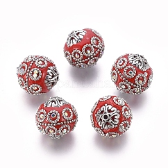 Abalorios de indonesia hecho a mano, con fornituras de metal, chapado en plata antigua, redondo, rojo, 20~21x19~20mm, agujero: 1.5 mm