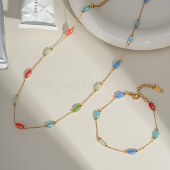 Edelstahl-Glas-Rechteck-Gliederketten-Armbänder und Halsketten-Sets für Damen&nbsp;HD8734-1