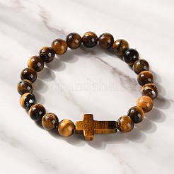 Braccialetti elastici con perline rotonde e croci di pietre preziose miste naturali e sintetiche&nbsp;BJEW-C119-01