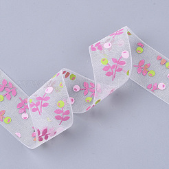 Rubans organza en polyester imprimé fleur&nbsp;ORIB-Q034-06
