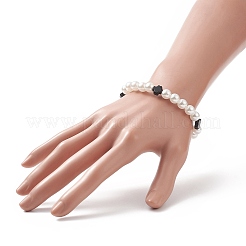 Braccialetto elasticizzato da donna con croce in onice nero naturale e plastica abs con perline in imitazione di perle&nbsp;BJEW-JB09219