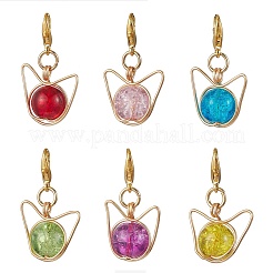 Decorazioni pendenti con perline di vetro avvolte in filo di rame a forma di testa di gatto&nbsp;HJEW-JM03236