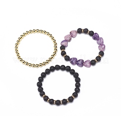 3 pièces 3 style coeur pierre de mica violet naturel et roche de lave et hématite synthétique perlé ensemble de bracelets extensibles&nbsp;BJEW-JB08736