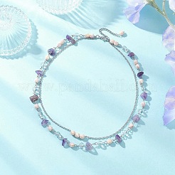 2 stücke 2 arten natürliche amethyst chip & glas & 304 edelstahl handgemachte link kette doppel schicht halsketten für frauen&nbsp;NJEW-JN05363