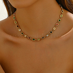 Edelstahl Pavé bunte Zirkonia flache runde Gliederkette Halsketten für Frauen&nbsp;FO2837