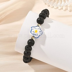 Braccialetti elasticizzati fatti a mano con fiori in porcellana stampata e perline rotonde di pietra lavica naturale.&nbsp;BJEW-JB14183-01