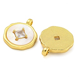 Colgantes de latón con circonita cúbica y forma de moneda redonda plana con concha&nbsp;KK-D534-06G