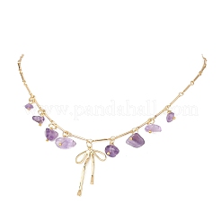 Colliers avec pendentif en forme de nœud papillon en laiton et puce d'améthyste naturelle et barre en laiton&nbsp;NJEW-JN05429-03