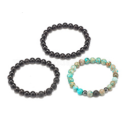 3 pièces 3 style bois naturel & pierre de lave & jaspe impérial (teint) ensemble de bracelets extensibles perlés&nbsp;BJEW-JB07833