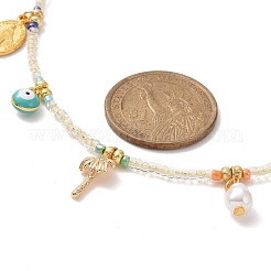 Vergine maria e albero e malocchio lega e collana pendente in ottone con catene di perline di semi di vetro per le donne&nbsp;NJEW-JN04289