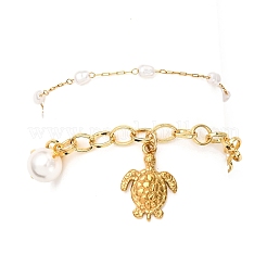 2 pièce 2 styles 304 bracelets à breloques en acier inoxydable tortue de mer et perles de coquillage rondes et 316 bracelets à maillons en acier inoxydable chirurgical imitation perles en plastique pour femmes&nbsp;BJEW-JB12422