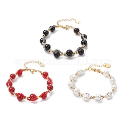 3 pz 3 stili di braccialetti di perle di conchiglia rotonde e onice nero naturale e corniola per le donne&nbsp;BJEW-MZ00151