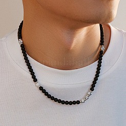 Colliers pour hommes composés de perles rondes de 6 mm en howlite naturelle et en pierre noire dépolie&nbsp;LS-FQ0489-3