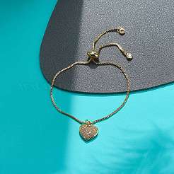 Schieberarmband mit klarem Zirkonia-Herzanhänger und Messing-Kastenketten für Damen&nbsp;BJEW-JB08788