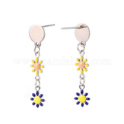 Orecchini a bottone pendenti lunghi in smalto fiore&nbsp;EJEW-N049-02B
