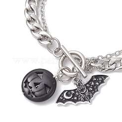 3 pz 3 colori lega di Halloween smalto pipistrello e ciondolo zucca turchese sintetico tinto set braccialetto in acciaio inossidabile 304&nbsp;BJEW-JB12446