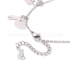 Tobillera con dijes de gato y chips de cuarzo rosa natural&nbsp;AJEW-AN00512-03