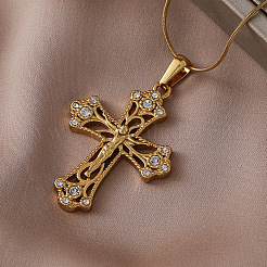 Colliers vintage en acier inoxydable chirurgical 316 avec pendentif croix de Jésus ajouré en verre transparent pour femmes et hommes&nbsp;JW8660