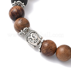 Bracelets extensibles en perles rondes en bois naturel et pierre de lave&nbsp;BJEW-JB12353-03