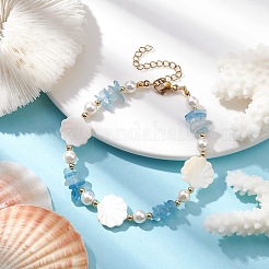 Braccialetto con perline di acquamarina naturale e perle di conchiglia&nbsp;BJEW-TA00461