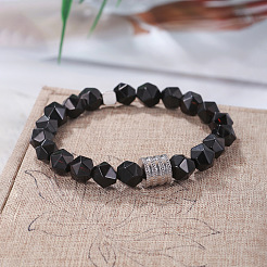 Bracelets extensibles en perles d'agate noire naturelle polygonale&nbsp;WG9FB4D-03